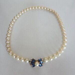 Vintage Signed Marvella Faux Pearl Necklace with Sapphire Blue Rhinestone